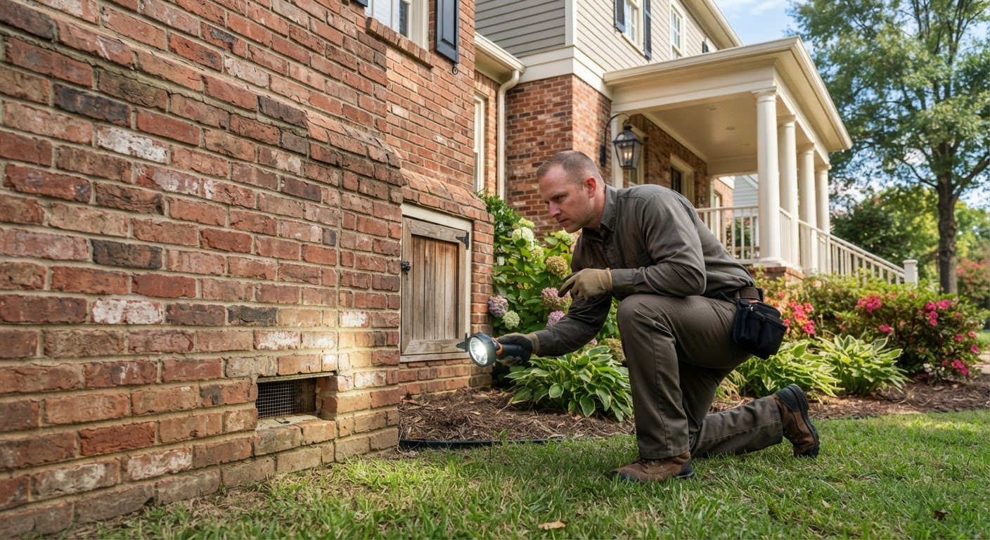 North Ember Pest Control technician inspecting a residential brick home foundation in Memphis