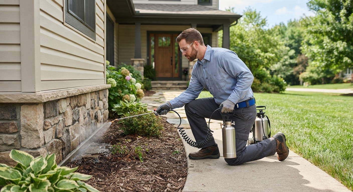 Professional residential pest control perimeter barrier application along a home exterior