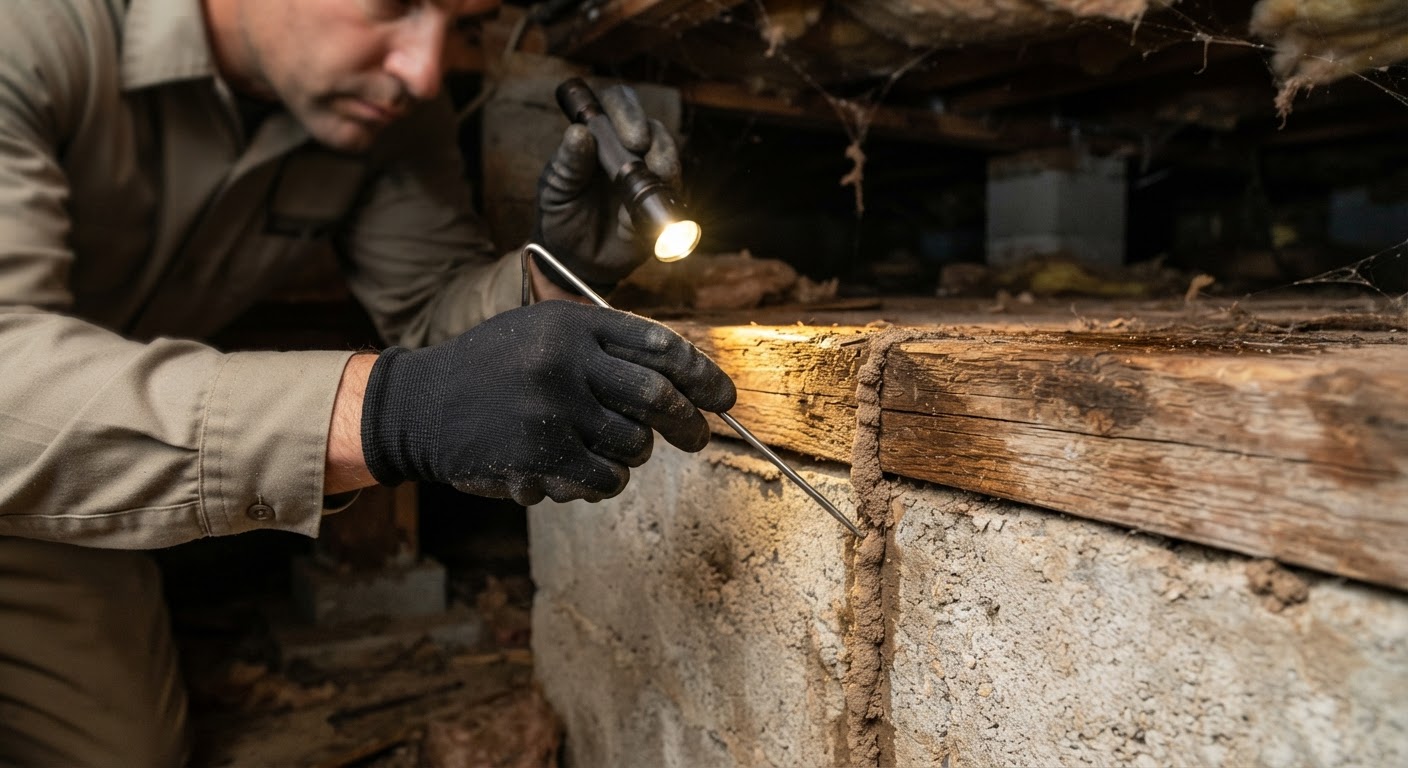 Close-up inspection for subterranean termite mud tubes along a foundation sill