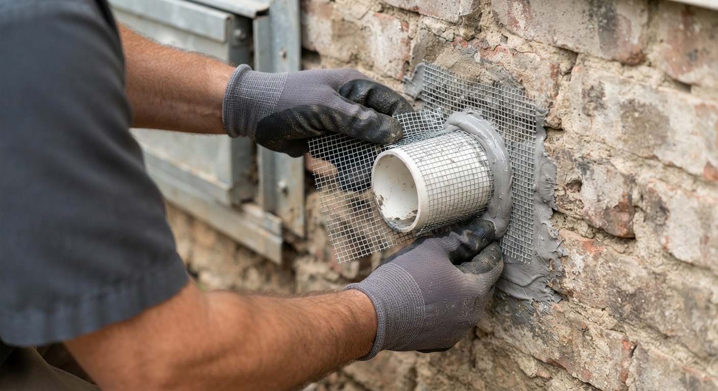 Technician installing rodent exclusion mesh around an exterior utility pipe opening