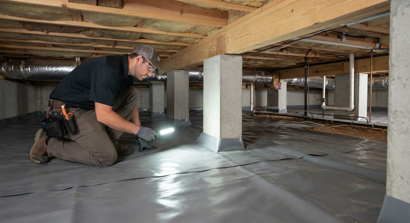 Inspection of crawl space foundation supports and vapor barrier