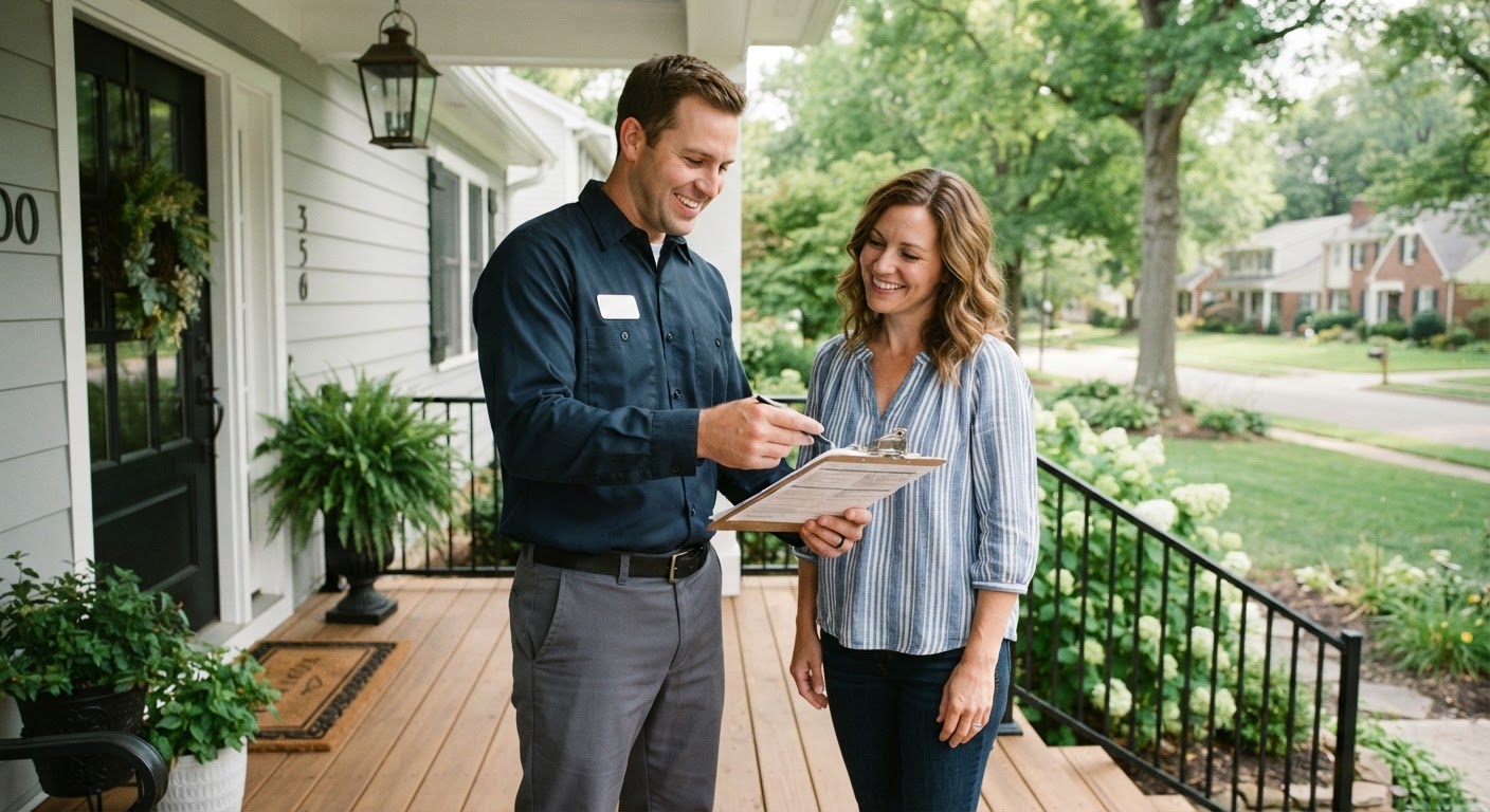 Pest control technician reviewing an inspection clipboard with a homeowner